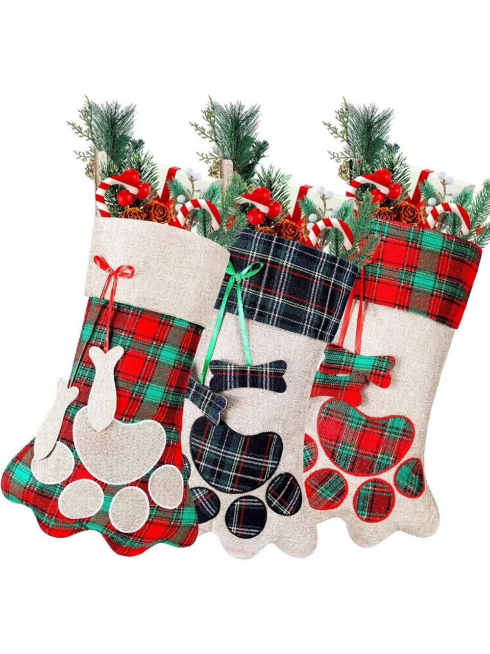 3-Piece Pet Christmas Stockings Set - 18'' Paw Print Decor for Tree & Fireplace